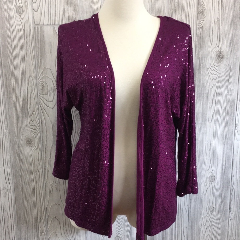 Jones New York Purple Sequined Open Front Cardigan Blouse Small